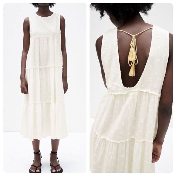 Zara Long Embroidered Dress New Ecru - Picture 1 of 5